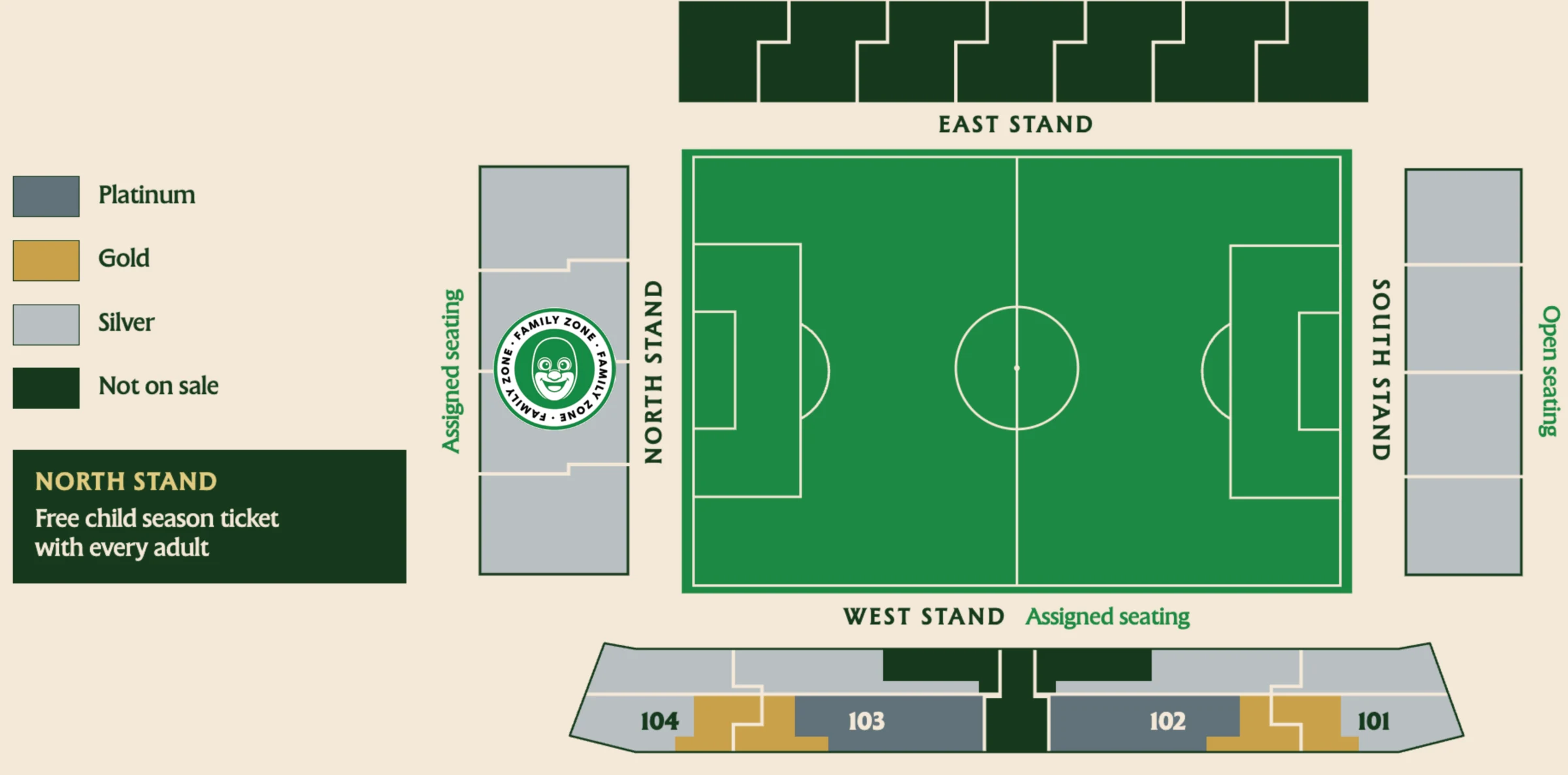 Tallaght Stadium seating map. West Stand: assigned seating in Platinum, Gold and Silver. North Stand: assigned seating, Silver, home of the Family Zone. South Stand: open seating, Silver. East Stand: not on sale as season tickets.